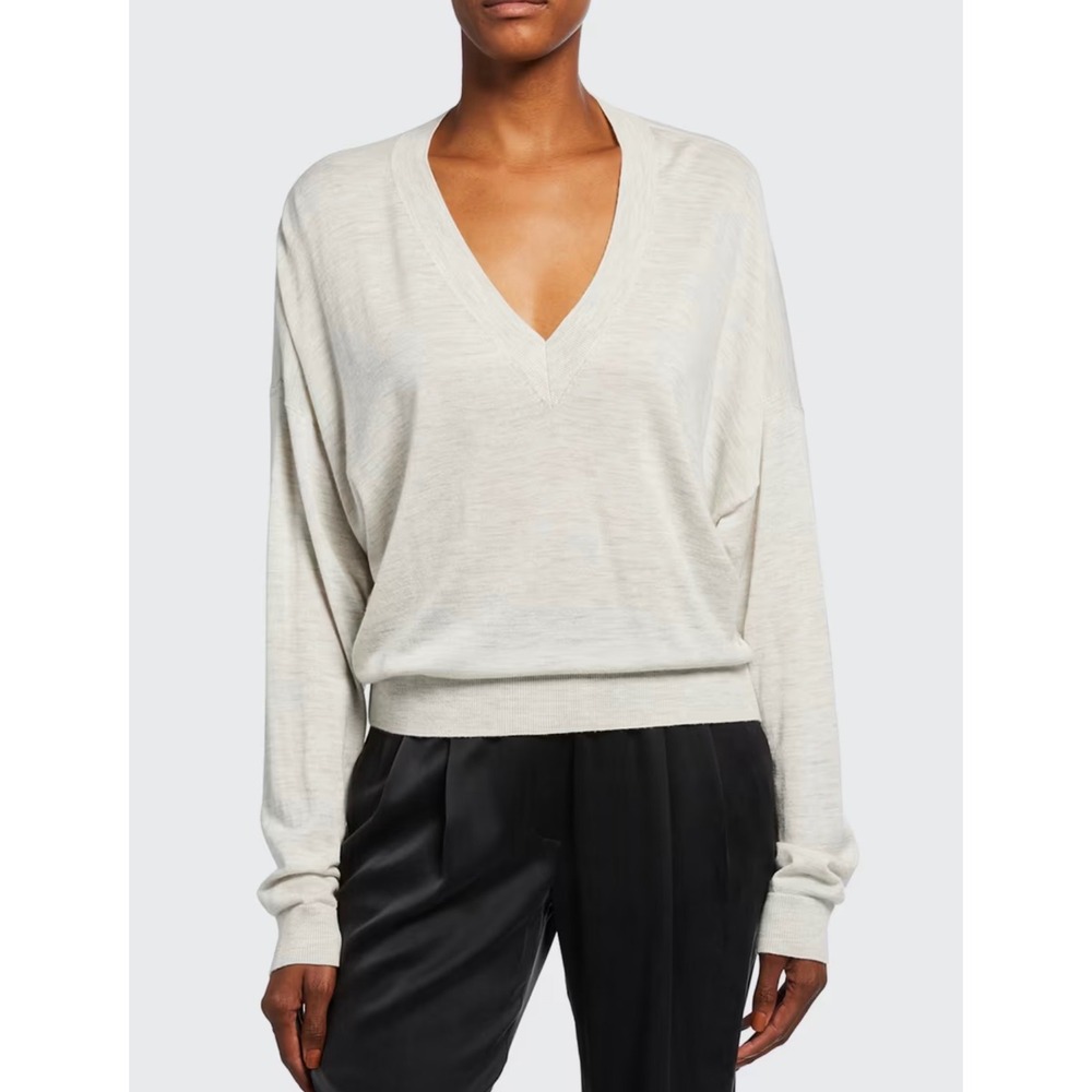 LOULOU STUDIO Hakueru Wool Cashmere V-Neck Sweater Boxy Oversized Sz M Neutral